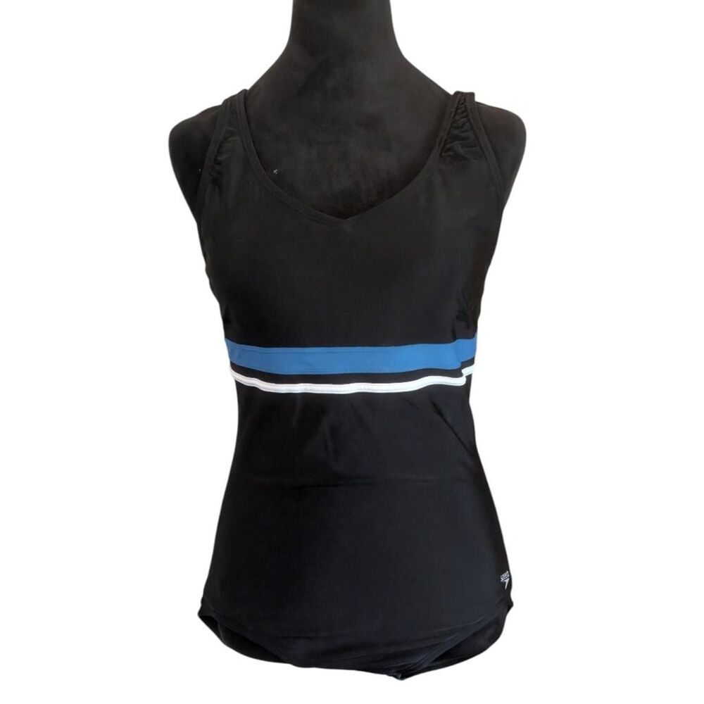 Speedo Striped Bust Sporty One Piece Swimsuit, Modest Athletic Size Large